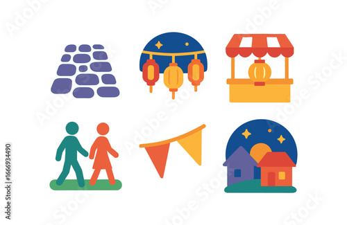 vector colorful filled icons lantern parade (village street): cobblestone hanging lanterns stalls people walking flags evening sky.