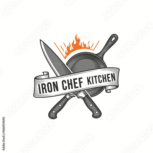 A vintage-style logo for a kitchen or restaurant.  Features crossed knives and a pan with flames.