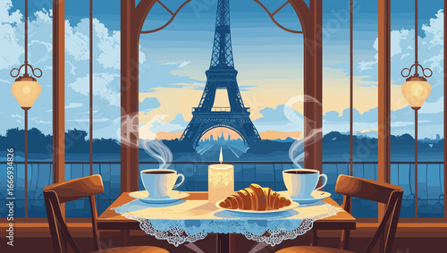 Cozy café table setting with coffee and croissant overlooking the Eiffel Tower at sunset