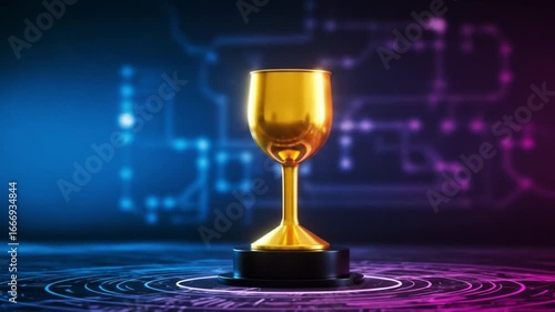 Golden trophy celebrates achievement on futuristic circuit board design background