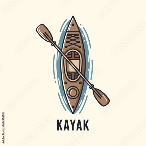 Top view illustration of a brown kayak with paddle on water.