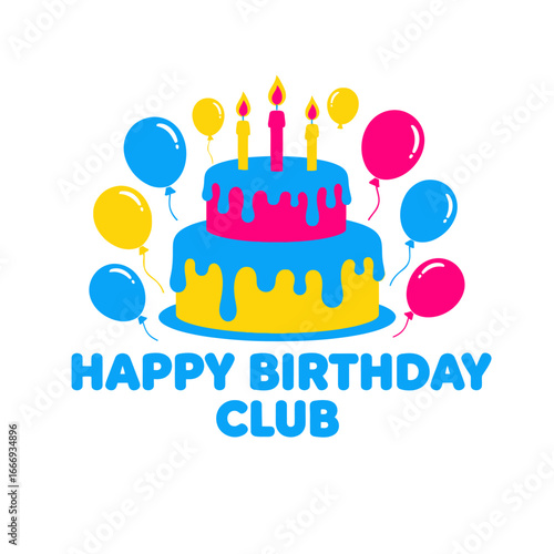 A vibrant logo for a birthday club, featuring a delicious cake with candles and colorful balloons.