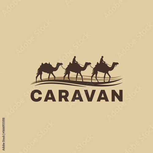 Three camels carrying riders traverse the desert sands. A classic caravan scene.