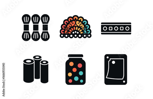 vector solid black filled icons lacemaker (colorful work): dyed threads bright lace sample patterned trim fabric rolls bead jar textile board.
