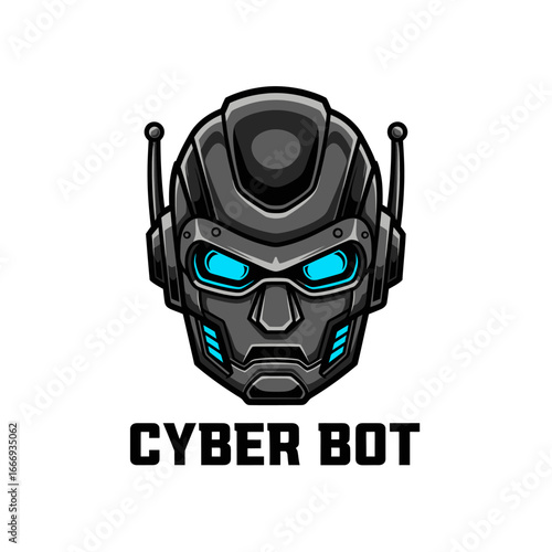 A sleek cyber bot head logo, futuristic and technological.