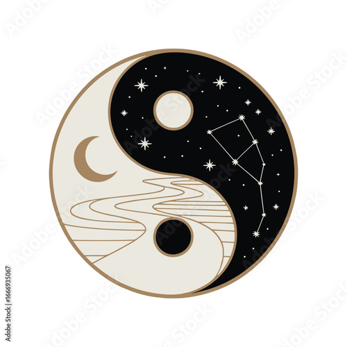 A celestial Yin Yang symbol with a crescent moon and a starry night sky representing cosmic balance and harmony vector illustration