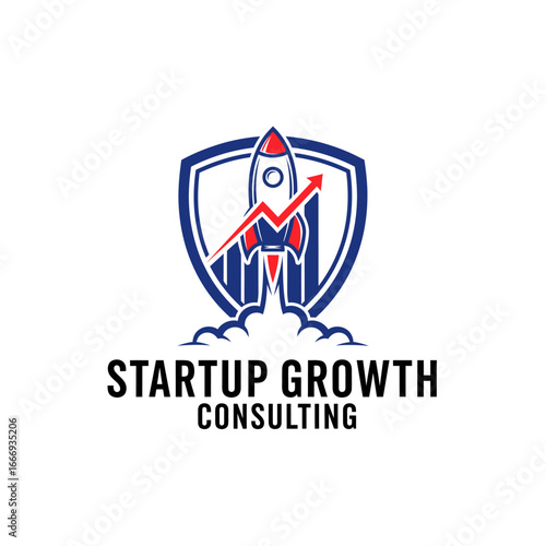 Dynamic logo for a startup growth consulting firm.  Rocket, shield, and upward graph symbolize progress and success.