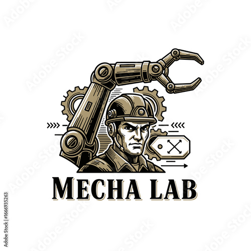 Mecha Lab logo featuring a robotic arm and an engineer.