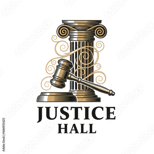 Elegant logo for Justice Hall, featuring a gavel and a classical pillar.