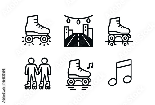 vector outline icons roller skating (night glow): glowing wheels dark street string lights reflection friends music.