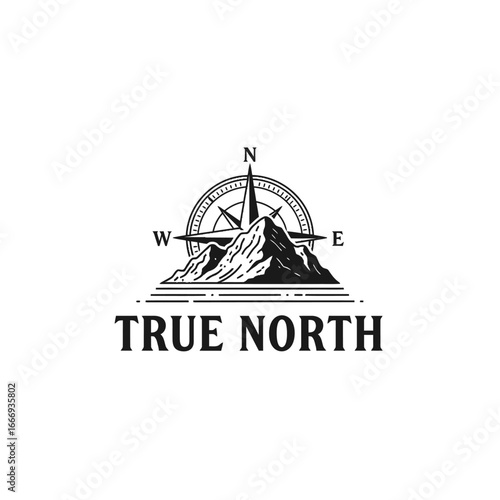 A stylish logo featuring a compass over a mountain, symbolizing true north and adventure.