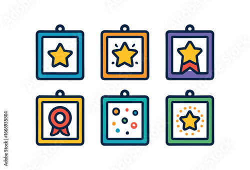 vector colorful filled icons celebrating milestones (photo frame): frame outline star icon shadow smear glow rim ribbon curl line dot.