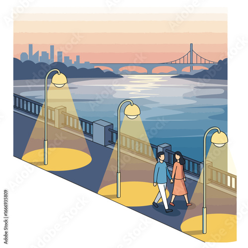 Couple on an evening stroll along a river promenade with city lights