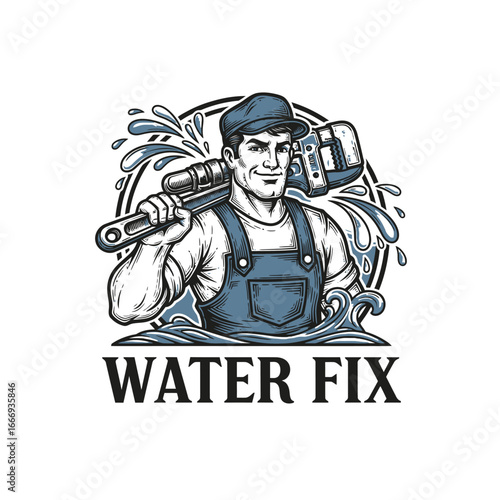 A strong plumber logo design featuring a man with a wrench.