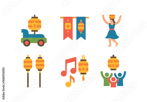 vector colorful flat filled icons lantern lit fest (parade): floats banners dancers lantern poles music cheering crowd.