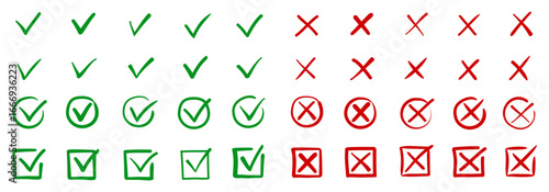Check tick mark icon set, hand drawn doodle red cross box x check mark green checkbox v, sketch marker checklist symbol right and wrong set - stock vector