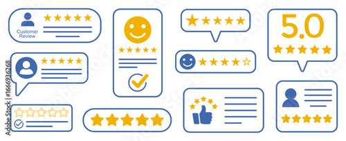 Customer review satisfaction feedback survey set, review bubbles show user experience, consumer star ratings, customer satisfaction survey, client rate service experience rating, business reputation