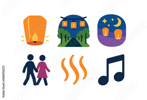 vector colorful flat filled icons lantern lit fest (pathway): glowing lanterns tree lined walk evening sky people strolling warm air music.