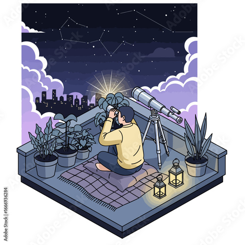 Single Person Stargazing at Night on Rooftop with a Telescope