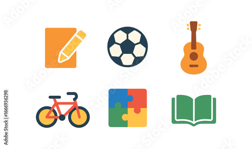 vector colorful flat filled icons late childhood (hobbies): drawing soccer ball guitar bicycle puzzle reading.