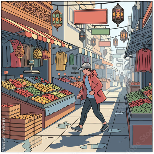 Isometric illustration of a person walking through a bustling market alley filled with stalls selling fruits and clothes