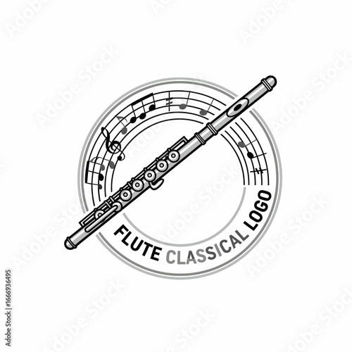 A stylish logo featuring a flute and musical notes.