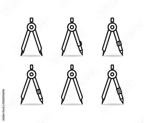 vector outline icons drawing compass (close up): sharp points hinge screw pencil insert knurled grip shadow white paper.