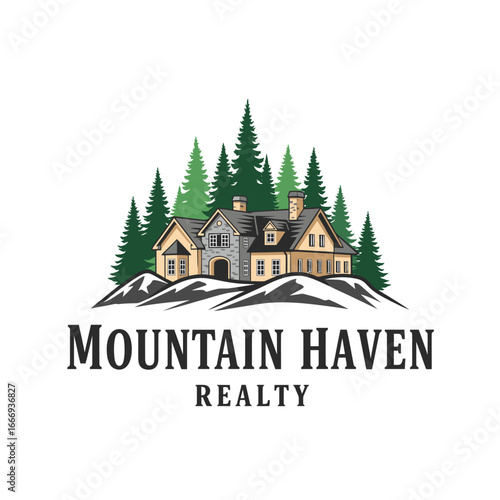 Mountain Haven Realty logo featuring a luxurious house nestled in a mountain forest.