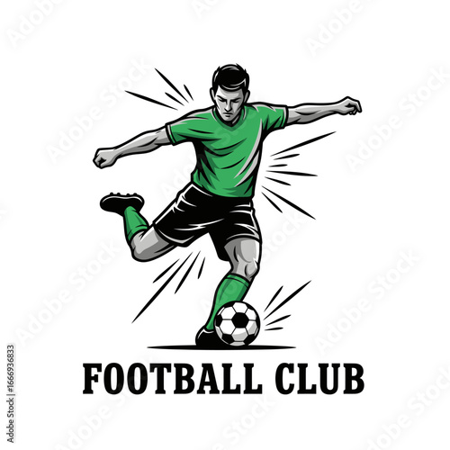 A powerful logo depicting a soccer player kicking a ball. Perfect for a football club.