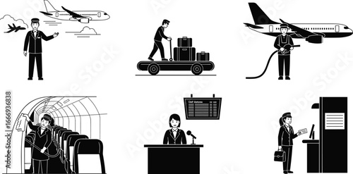 Airport staff silhouettes, aviation crew illustration, ground crew, pilot, flight attendant, luggage handler, check-in counter, airplane operations vector