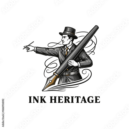 A vintage-style illustration of a man in a suit and hat holding a large fountain pen.  Perfect for a writing or publishing company.