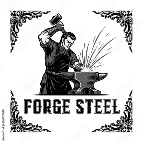 A vintage illustration of a blacksmith forging steel.  Strong and powerful image.