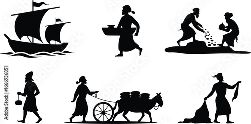 Ancient trade and transportation silhouettes, merchants, sailing ship, camel caravan, barter system, traditional economy, marketplace, early commerce and exchange.