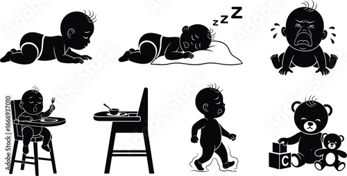 Baby silhouette cartoon set showing crawling, sleeping, crying, eating, walking, and playing with toys in daily infant activities