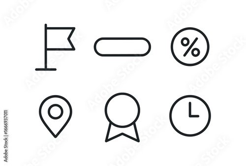 vector outline icons project deadline countdown (milestone tracker): milestone flag progress bar percent label map pin ribbon badge clock face.