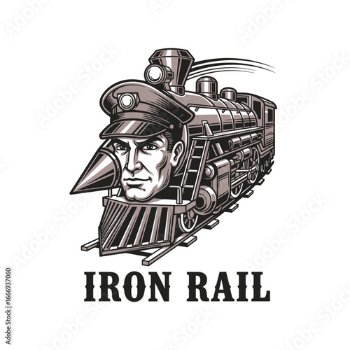 A striking logo featuring a vintage train with an engineer's head as the front.  Iron Rail.