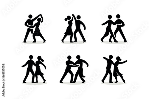 vector solid black filled icons shadow dancing (duet): two silhouettes interlaced movements glowing background soft floor light symmetry flowing forms.