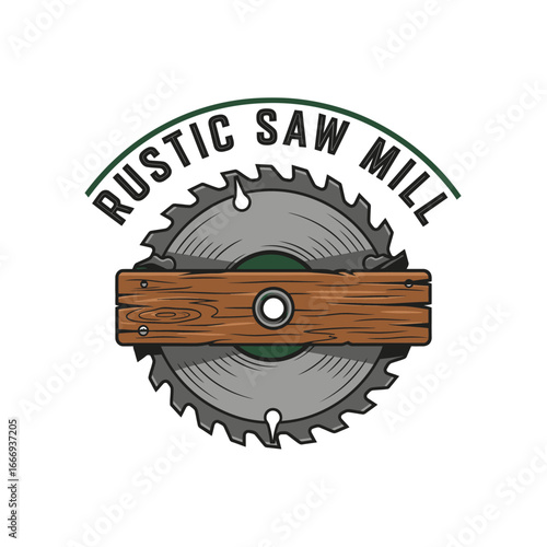 Rustic Sawmill logo featuring a circular saw blade and wooden plank.  Perfect for woodworking businesses.