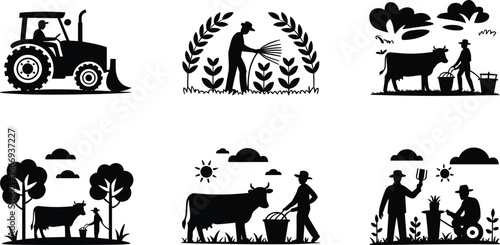 Black and white farming and agriculture silhouettes showing tractor, farmer watering crops, cow milking, harvesting, and rural farming activities'