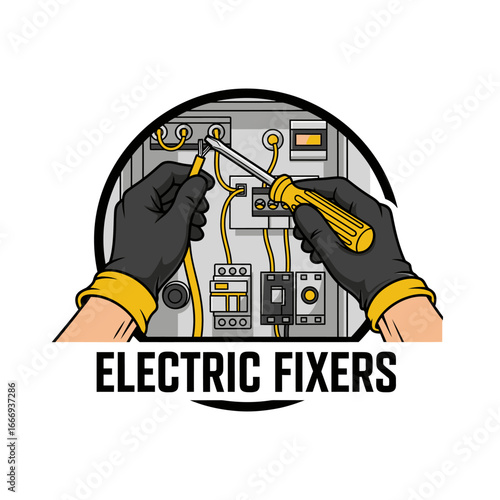 Logo design for electrical repair services.  Hands in gloves working on electrical panel.
