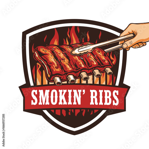 Smokin' Ribs logo featuring delicious grilled ribs on a fiery grill.