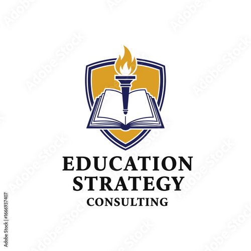 A logo for Education Strategy Consulting.  Features a torch, book, and shield.
