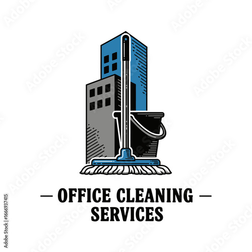 A logo for office cleaning services.  Mop, bucket, and building.