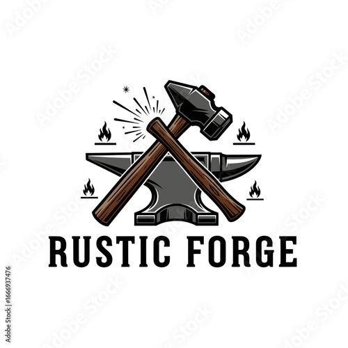 Rustic Forge logo featuring crossed hammers on an anvil with flames.