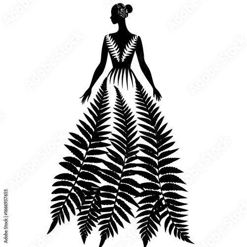 Elegant woman silhouette in fern dress