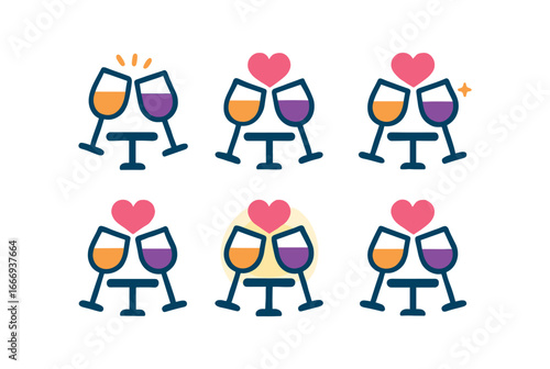 vector colorful filled icons romantic dinner (wine toast): clinking glasses wine swirl heart bubble table edge glow rim shadow.