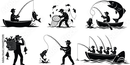 Black and white fishing silhouettes featuring anglers with fishing rods, nets, boats, fish catch, and group fishing by water