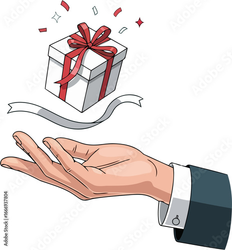 Hand with Gift Box and Ribbon Vector Illustration