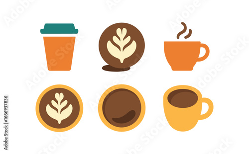 vector colorful filled icons coffee to cup (latte art): cup edge foam leaf shadow smear swirl handle curve cup rim.