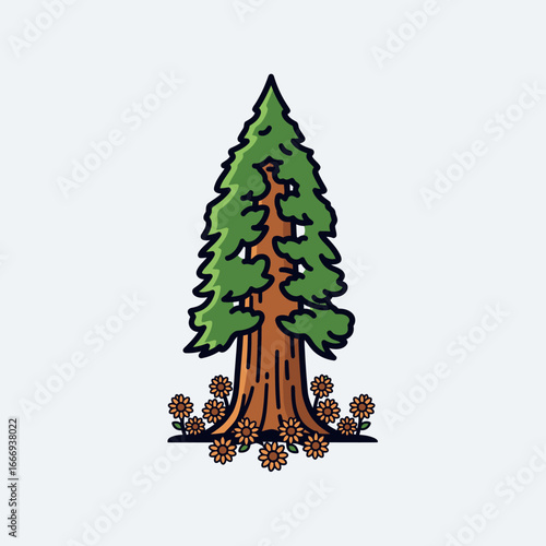 A stylized illustration of a majestic redwood tree surrounded by sunflowers.